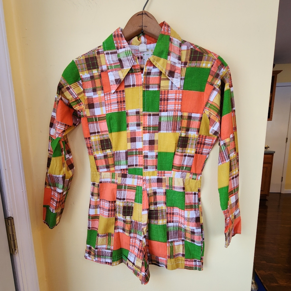 Vintage 70s Sz XS Orange Yellow Green Patchwork Shorty Romper Playsuit Jumpsuit